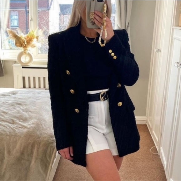 ZARA Tweed Textured Weave Double Breasted Blazer Black - Picture 5 of 15